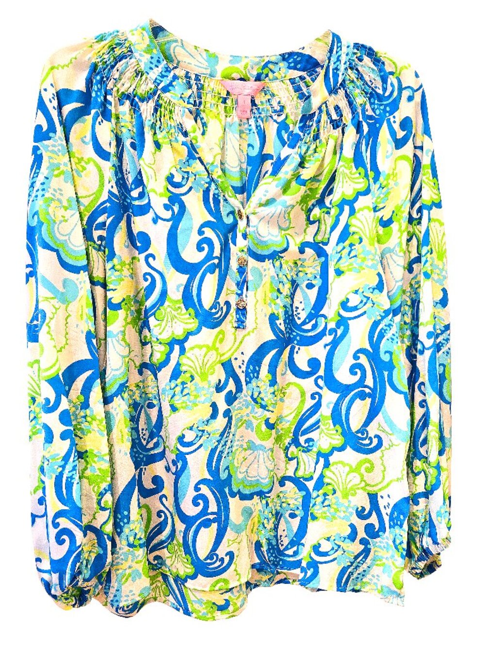 Lilly Pulitzer Crystal Coast 100% Silk Elsa Blouse Flowy Long Sleeve V-Neck Sz S